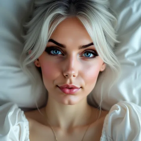  super realistic photos ，masterpiece，Top quality，((( ultra-detailed face and eyes ，Light makeup 1 .3))) ，A woman,29-year-old ， lying on the bed covered with white satin sheets， Sony alpha a1 camera takes ， ultra high resolution，High definition(((Realistic ...