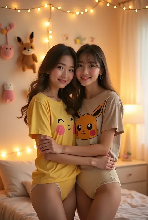 Thai-Korean woman with long, soft, wavy hair and a smirk, wearing a pastel yellow T-shirt featuring an anime-style Pikachu design with blushing cheeks and teary eyes, paired with matching pastel yellow underwear, hugging a Chinese-Japanese woman. The secon...