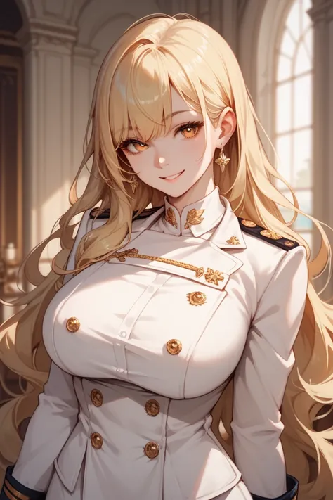 pretty woman, long blonde hair, amber eyes color, Big Breasts(D-cup ), bright smile, white skin, Bangs swept to the right, white uniform, shape eyes