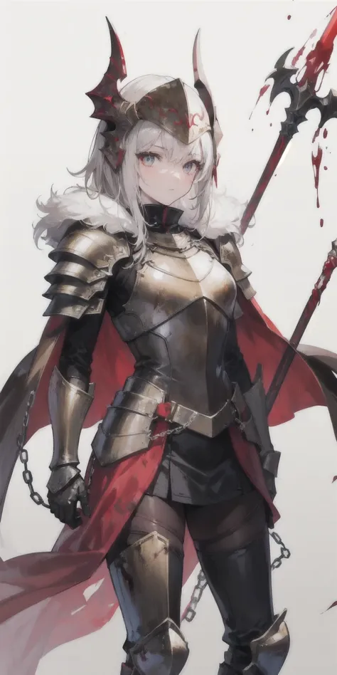 1solo, 1girl, red cape, armor, fur trim, blood, chain, holding polearm, chain, helmet, helm, shoulder armor, polearm, gauntlets, pauldrons, breastplate, red cape, faulds, knight, full armor, blood on polearm, gold armor, plume. (white background, gradient ...