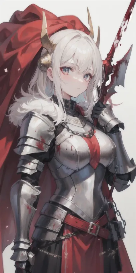 1solo, 1girl, red cape, armor, fur trim, blood, chain, holding polearm, chain, helmet, helm, shoulder armor, polearm, gauntlets, pauldrons, breastplate, red cape, faulds, knight, full armor, blood on polearm, gold armor, plume. (white background, gradient ...