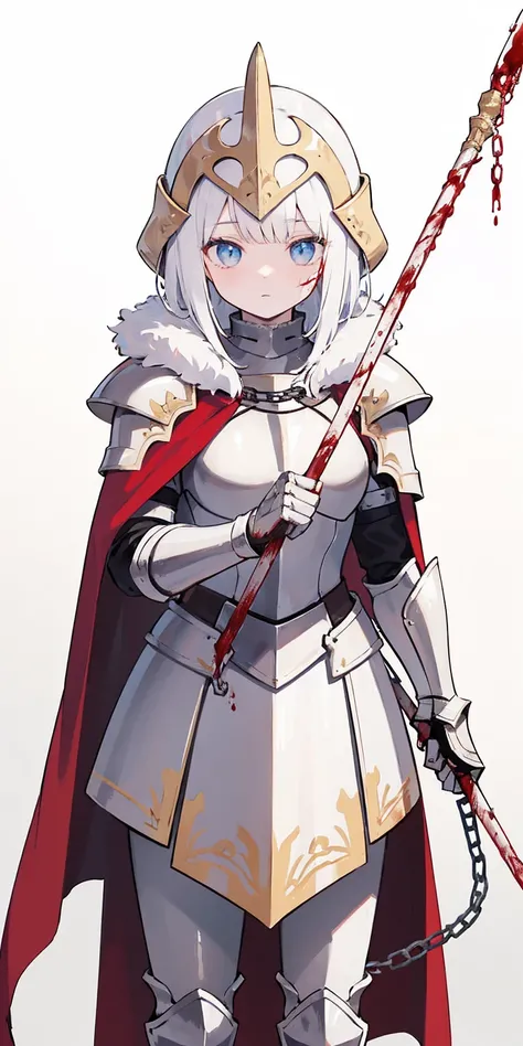 1solo, 1girl, red cape, armor, fur trim, blood, chain, holding polearm, chain, helmet, helm, shoulder armor, polearm, gauntlets, pauldrons, breastplate, red cape, faulds, knight, full armor, blood on polearm, gold armor, plume. (white background, gradient ...