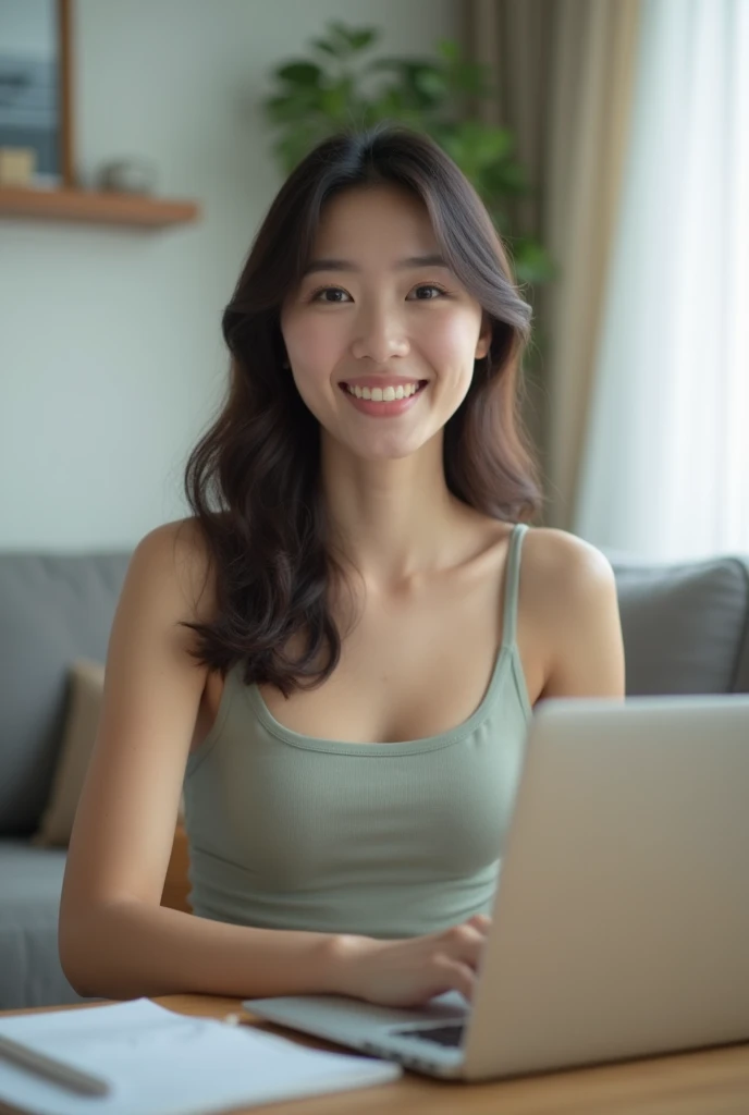 Authentic share, slightly blurry, Amateur quality phone photo + Everyday realism, smartphone quality, natural light: Beautiful Korean Woman with tanktop work smiling in front of a laptop on a table in living room, minimal or no makeup, 36B bra size. Soft n...