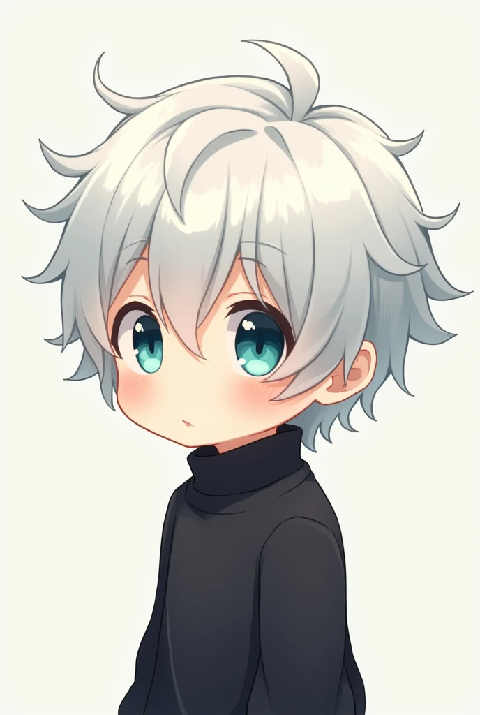  character Man, chibi Anime 2D with white hair, blue-green eyes and wearing a black sweater and facing sideways