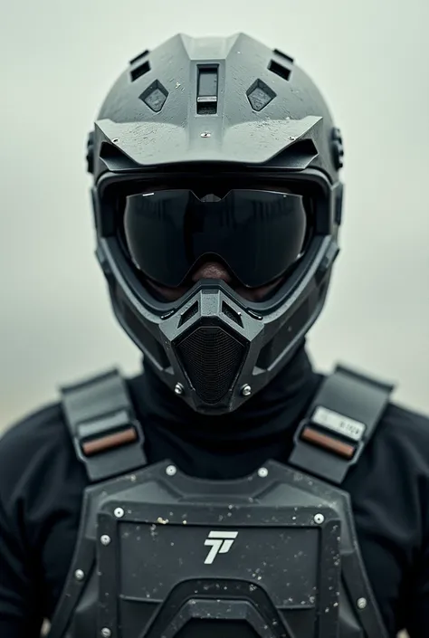 A man wearing a motocross helmet and an armoured vest looks at the camera and his face is not visible with motocross goggles 