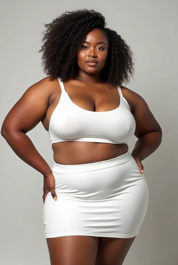 A thick curvey black woman with medium sized boobs and big bums wearing a white crop top and a tight white miniskirt 