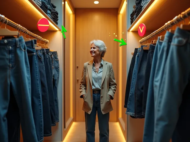 A modern walk-in closet featuring two sections of jeans. On the left, outdated, baggy jeans are neatly organized but marked with bold red 🚫 symbols floating above them. On the right, a glowing section of modern, fitted jeans with golden sparkles and green ...