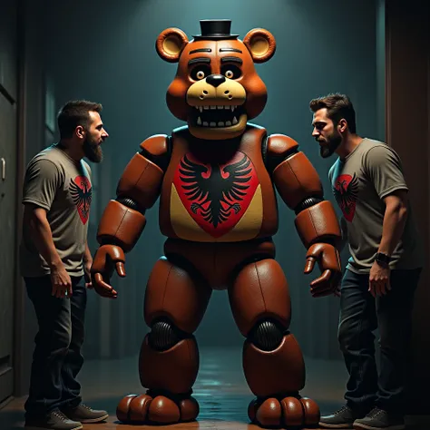  Freddy Fazbear has the Albanian eagle on his stomach.  Freddy Fazbear stands next to 2 adult men tied up. Freddy Fazbear screams at the two men .  The 2 men wear T-shirts with the Serbian flag . 