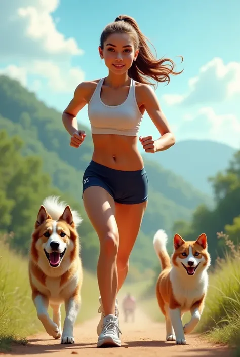 (photorealism:1.2), realistic sport girl, 20 years, with dogs and cats