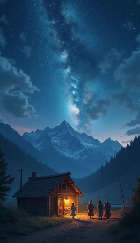 generate image of Enoch heading to the mountains under a starry sky, while his family watches from afar, feeling that perhaps something extraordinary was about to happen. The days pass and Enoch does not return. The village gathers in front of his simple h...