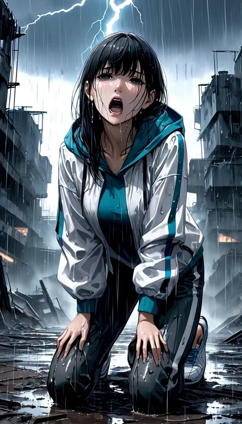 Neo-noir futuristic art style, low-angle symmetrical view, semi-realistic anime-style of a stylish young woman, aged 19, with sleek black hair undone and flowing in heavy rain, her long bangs plastered to her tear-streaked face. She is (((kneeling))) on mu...