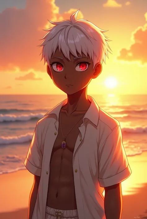 Dark skinned boy,  short hair ,  white hair, Ojos rojos, with beach clothes, Beach with a beautiful sunset