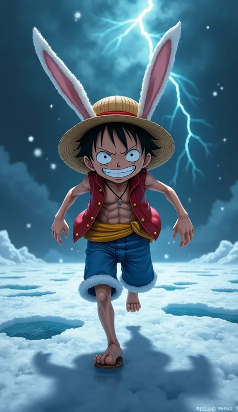 A dramatic and detailed scene featuring a hybrid character of Luffy and a rabbit, walking across a vast sheet of ice. The hybrid has Luffy’s muscular build, wearing his iconic straw hat and red vest, but his face is entirely that of a fierce rabbit, with l...