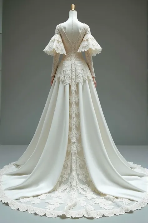 majestic wedding dress of white color with a long tail using cord lace. On the shoulders, He has an elegant lace jacket with pagode sleeves to complete his look . 