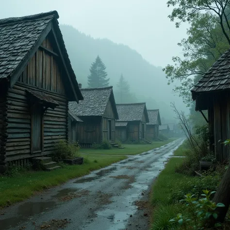 A view of a village, There are some wooden houses, Rainy weather, 64 SM, high resolution 