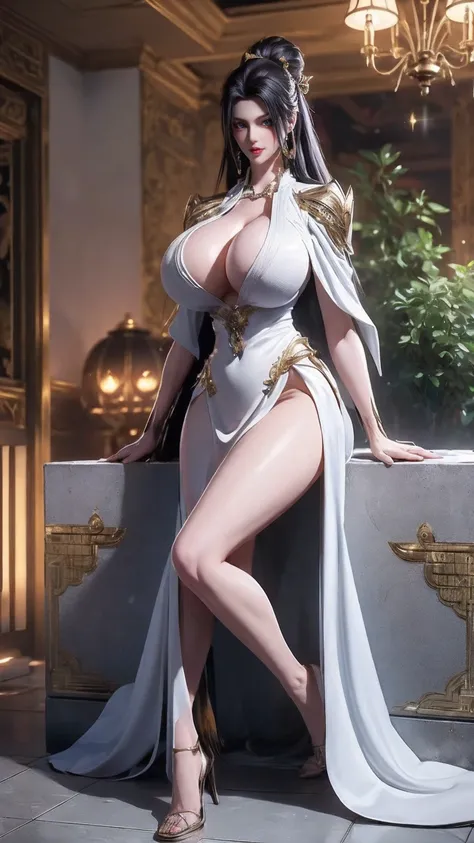 Queen,portrait, full-body photo ,,(Beautiful long hair, a proud expression ),(Huge fake breasts,Lysis,Chest groove,Muscle Abs:1.5), (white mechanical shiny future background ,Royal Navy Cloak,Sexy tops, sexy skirt :1.5, heels ),(Slender figure:1.5), ( Swea...