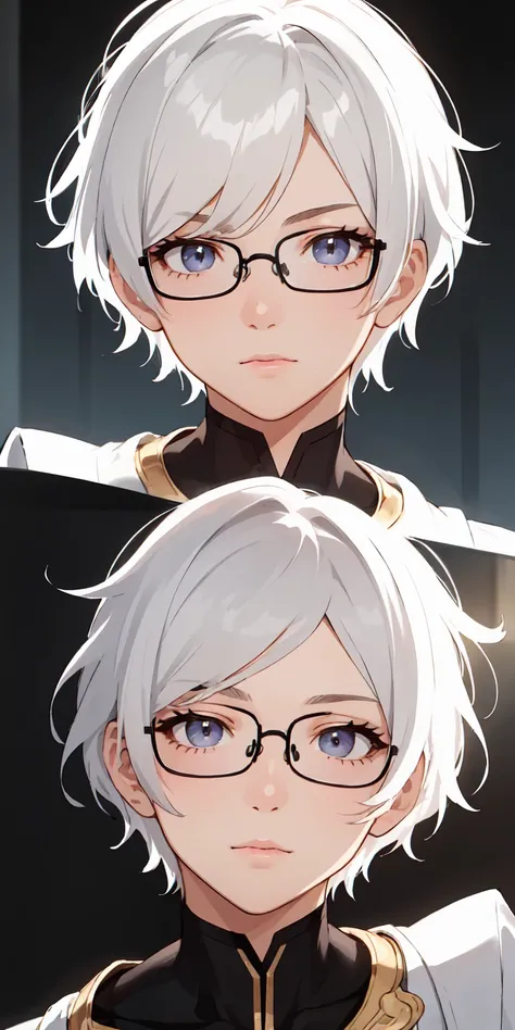  exquisite facial features ，Perfect face，male，Short hair，White hair， asymmetric bangs ，frameless glasses