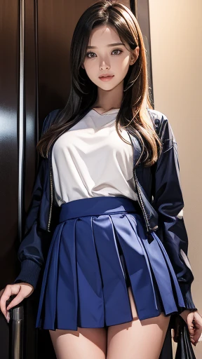  1 beautiful woman、A beautiful woman with dark hair is staring at me.、 Laugh a Little 、 very beautiful face 、 lifts her skirt 、Show me your pants、slender、 small, Shapely breasts、 healthy thighs、 navy blue jacket、 white shirt、 Navy Blue Tight Skirt 、 black ...