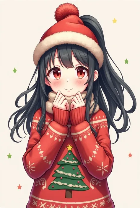 drawing of a girl ,normal skin, with black hair with a high tail , and has two loose tufts in front of her face, and wears a Christmas hat ,and a Christmas sweater  