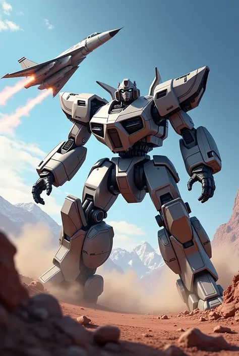 A dynamic and action-packed scene featuring two futuristic mecha vehicles that combine into a robot. The jet plane-shaped mecha, sleek and aerodynamic, represents the arms and torso of the combined robot. The tank-shaped mecha, heavily armored, forms the l...