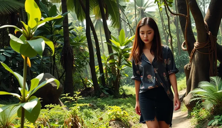 ((realistic photo)) [A beautiful 19-year-old girl walking through a dense jungle during the day, wearing a worn and dirty black batik blouse and a matching black skirt.] Her long, slightly messy black hair cascades over her shoulders, and her face shows a ...