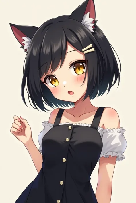 8K quality Anime girl , casual style, short black hair with bone fish hairpins, Left bangs, black dress, fan art drawing style, (with yellow eyes and cat ears)