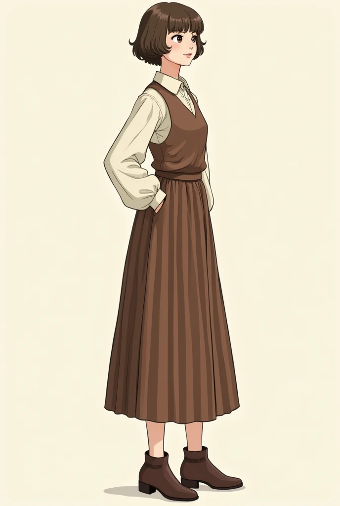 Beautiful pale-skinned woman with short brown hair.  She wears a sleeveless brown vest over a simple cream blouse and long sleeves,  a brown striped skirt that reaches a little lower than the knees , Brown booties. Vintage style. It should be a drawing .