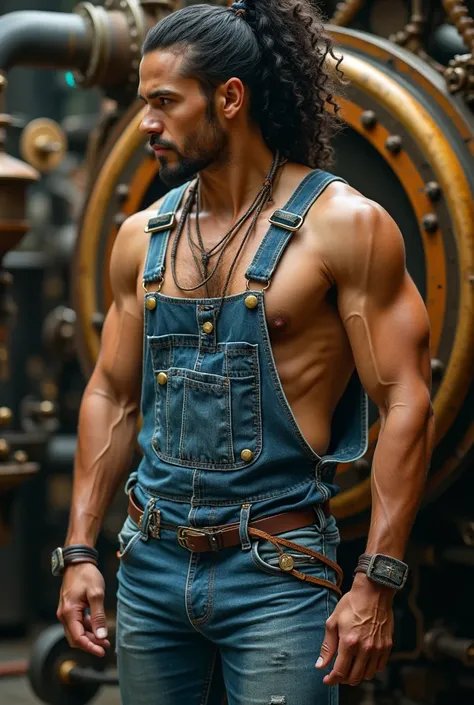  Homme métis en salopette torse nu et en jeans . With curly hair attached, queue de cheval. Steampunk 