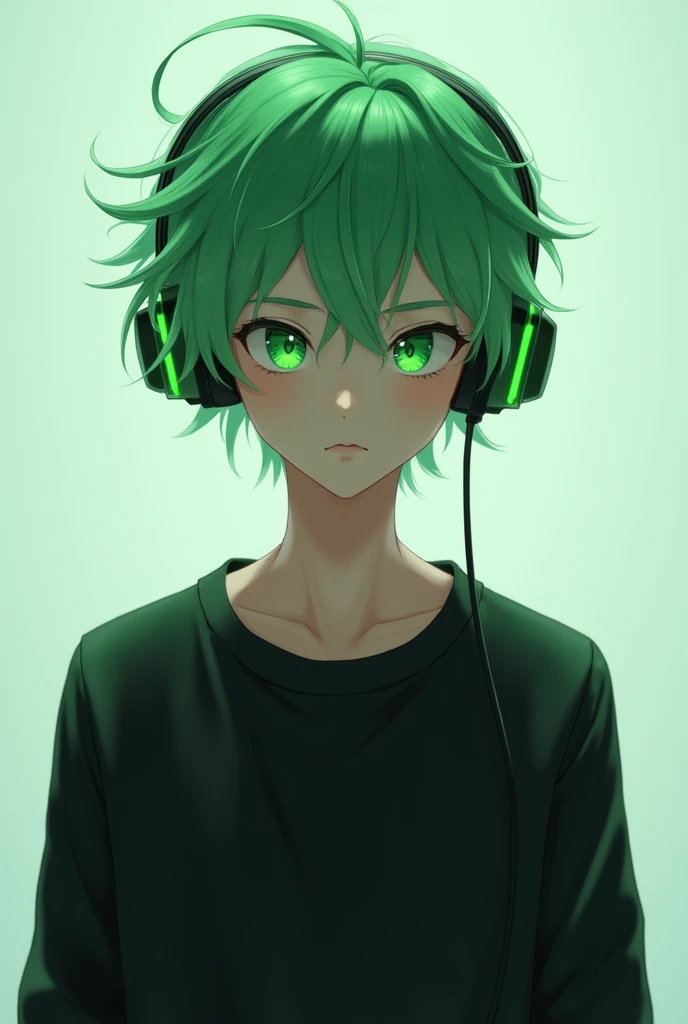 A Teenage Male Wearing a Green Headset With Green Hair Wearing a Black Shirt