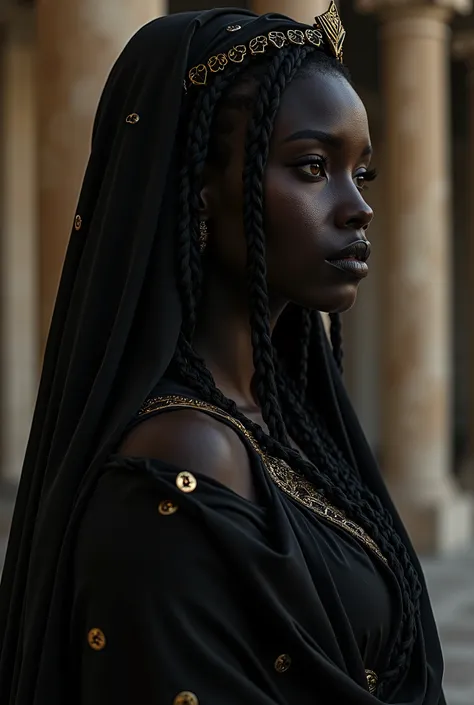 Extremely beautiful, divine, and otherworldly character, resembling a goddess of darkness. Perfectly sculpted ebony skin, as dark as the void of the night, radiating a deep, ethereal glow that seems to absorb the light around her. Her skin is flawlessly sm...