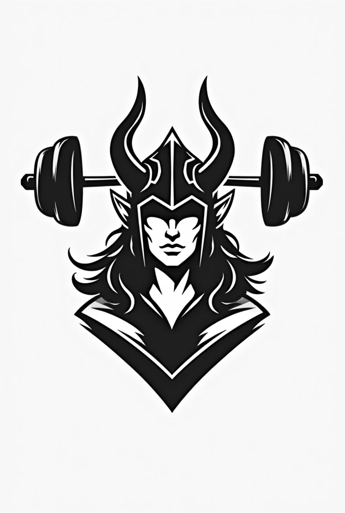 Petit logo simple pour un t-shirt dune valkyrie avec son casque avec une barre de squat en noir et blanc 