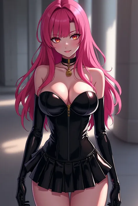 1 latex girl, anime, Domina, Long Hair, Looking at the viewer, Pink Hair, Dominant, Shiny Outfit Black, Pleated Miniskirt, she will fit you a Slave Collar, Corset, Femdom, off-the-shoulder, Gloves, necklace