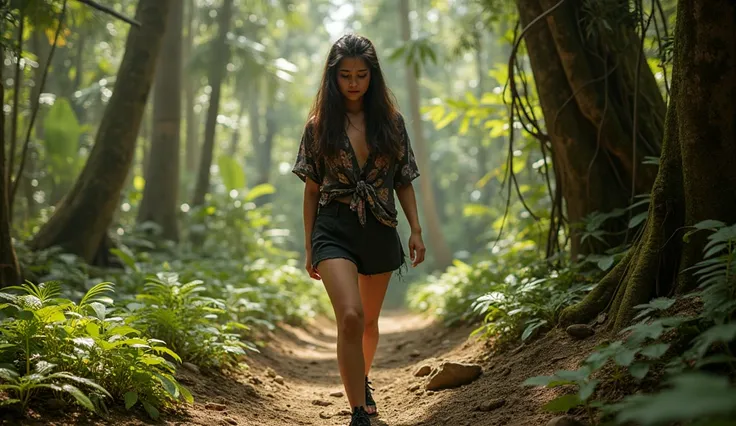 ((realistic photo)) [A beautiful 19-year-old girl walking through a dense jungle during the day, wearing a worn and dirty black batik blouse and a matching black skirt.] Her long, slightly messy black hair cascades over her shoulders, and her face shows a ...