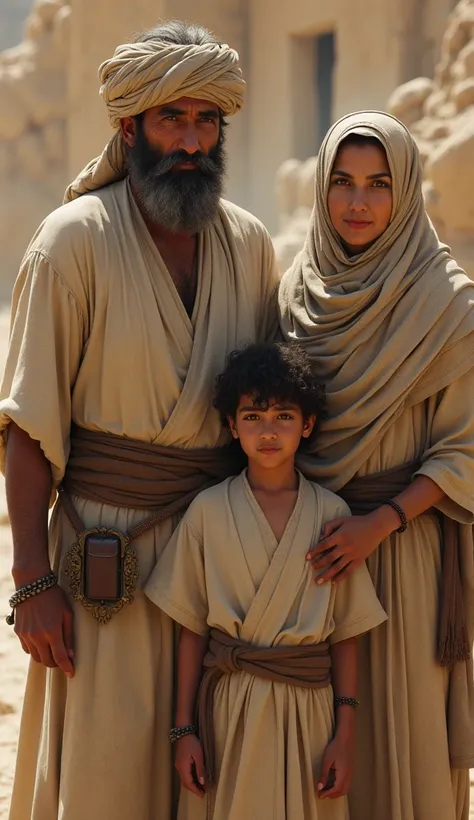  Arab man 40 years old wearing simple shirt and turban on 2nd century head, arab woman 35 years old wearing simple dress and hijab 2nd century , boy wearing simple coat , 