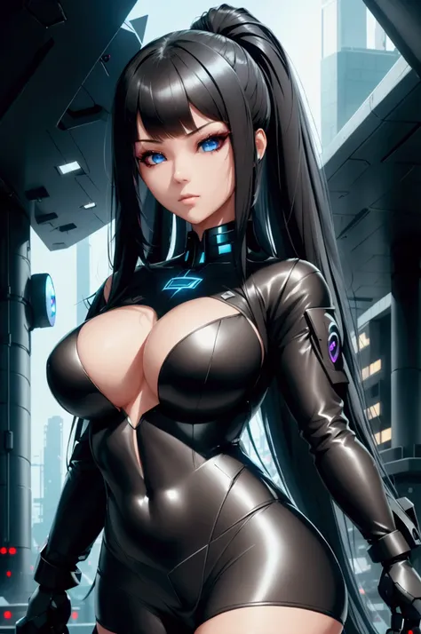 A cyber girl , star eye,  long black hair,  black eyes, unreal engine,  side lighting , detailed face, ,  shiny skin,  simple background ,  dark background, full body