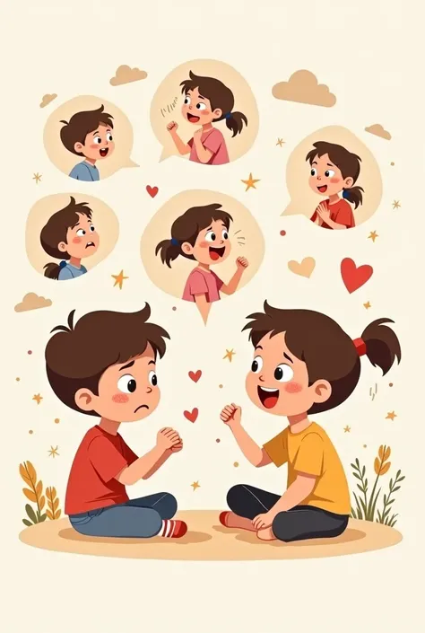 "A vector-style illustration with a like design, featuring a young boy and girl (around 7-) learning about different emotions. The scene includes several mini-scenes around the ren, each representing a specific emotion: the boy looking sad with tears to sh...