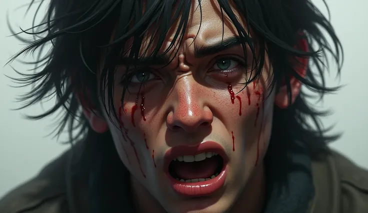  tears streaming from Elifs eyes,  express the pain in his heart .  The complex emotions on his face : loss ,  longing and passion . ( animatedly but realistically )