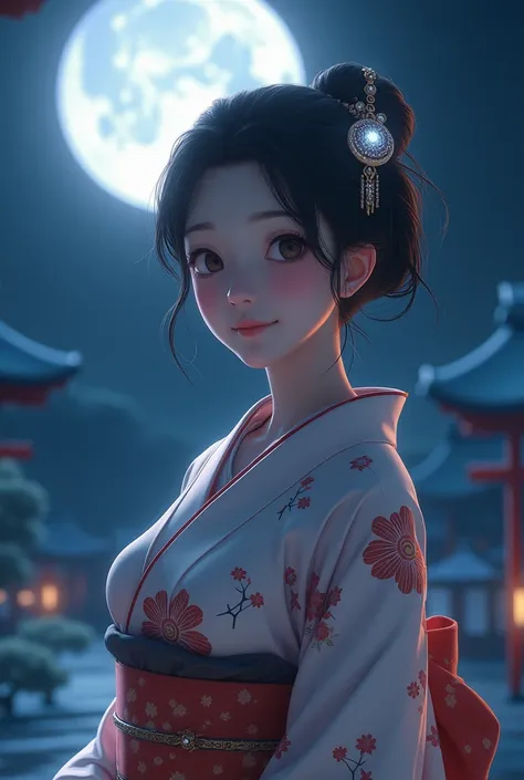 Realistic generation 、8k、Full moon night、 A beautiful woman is standing in a kimono with a diligent smile 、 hairpin with a diamond、 She looks just like Kirara Asuka and has plump breasts、K-cup and in other words, huge breasts、 All generated in detail anime...