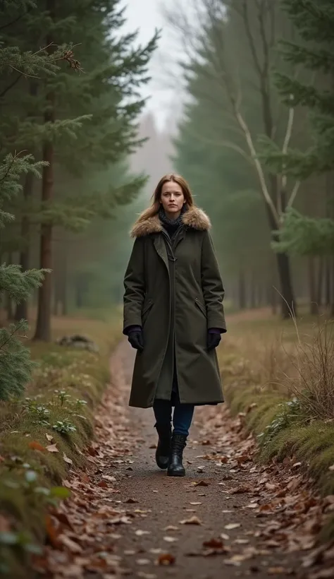 A 38-year-old woman walking through a forest trail, dressed in a long coat.