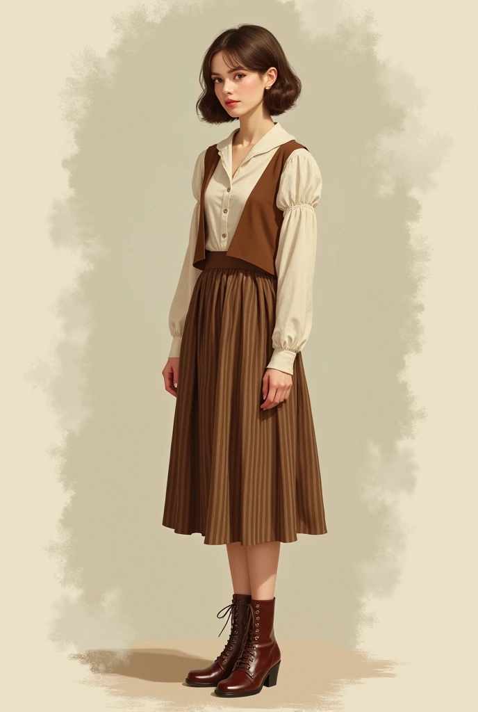 Beautiful pale-skinned woman with short brown hair.  She wears a sleeveless brown vest over a simple cream blouse and long sleeves,  a brown striped skirt that reaches a little lower than the knees , brown lace-up ankle boots . Vintage style. It should be ...