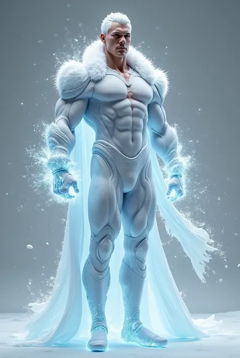 Male hero , beautiful, strong, futurist,  with a full body,  photorealistic ,  with white hair,  wearing a transparent microtextured mesh costume white and very light ice blue,  and bracelets that can manipulate ice and snow ,  his body is covered with ice...