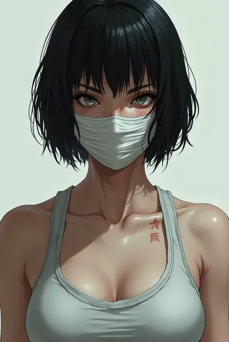 Woman with her face bandaged  black short hair, scars down her eyes,((mouth closed, mouth not visible: 1.3, mouth cover)), white skin, training clothing, strong body, piercing gaze, not so young