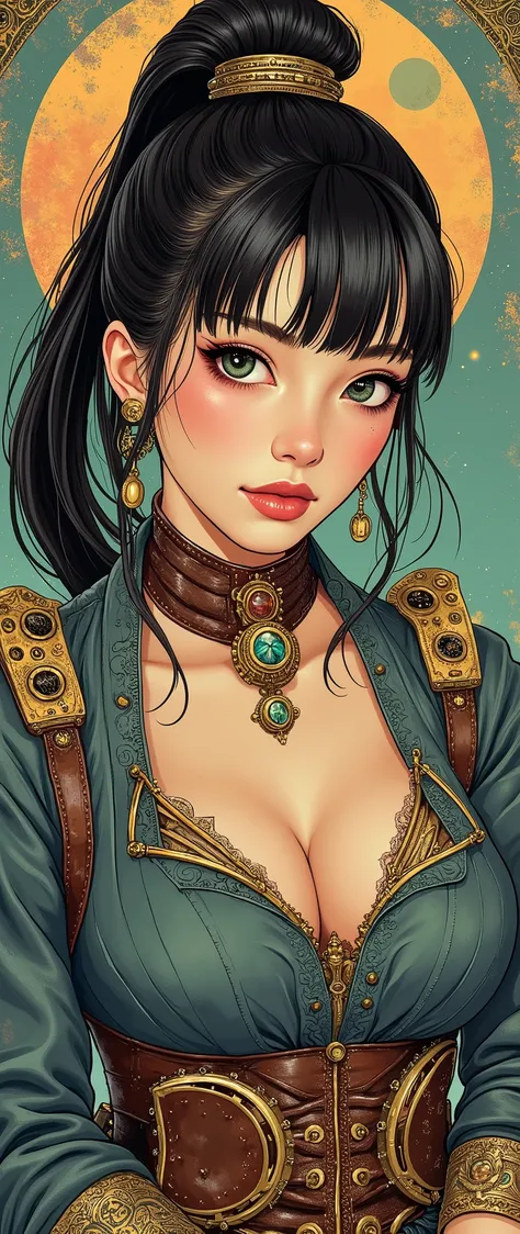 (( Best Illustration )), (( Masterpiece )), ( super detailed), 8k, 16k, wallpaper,(Steampunk:2.0) , Japanese woman with a viewing angle of, sci-fi , Graphic Novel , retrofuture,SF, super sexy , Psychedelic ,avant-garde