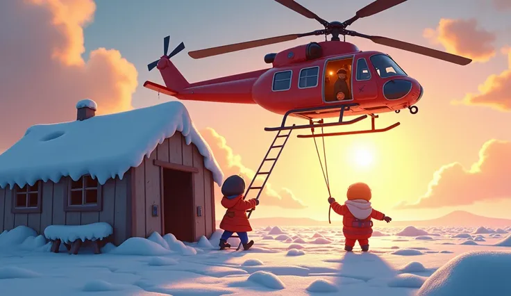 In a vibrant animated scene, the morning sun casts golden light over the icy North Pole as the sound of a helicopter grows louder. Kiko bursts out of their ramshackle icy hut, arms waving wildly, shouting, “Tuloooooong!” despite the freezing cold. The resc...