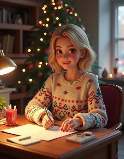 Blonde woman sitting at desk, wearing Christmas sweater, writing letter to Santa Claus, (large breast:1.2) 4K reaslitic