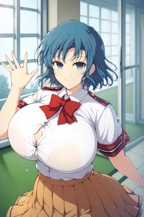 yaegashi nan, senran kagura, senran kagura burst, senran kagura new link,Inazuma 
, ,,  gigantic breasts, gigantic ass, giant thighs,(looking at viewer, smile, waving), tsubasakimizuka, short hair, blue hair, blue eyes, large breasts, red bow, school unifo...