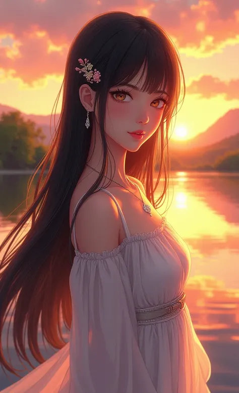 1 girl, serene expression, mesmerizing eyes, straight long hair, flowing dress, poised posture, porcelain skin, subtle blush, crystal pendant
BREAK
golden hour, (rim lighting):1.2, warm tones, sun flare, soft shadows, vibrant colors, painterly effect, drea...