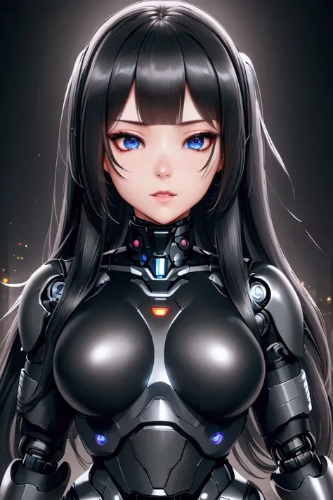 A robotic girl , star eye,  long black hair,  black eyes, unreal engine,  side lighting , detailed face, ,  shiny skin,  simple background ,  dark background, full body