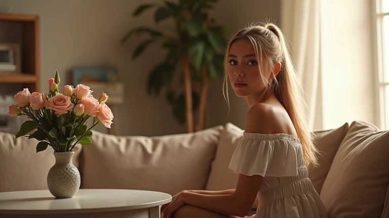 Hot blonde girl, (girl), dressed in a quality dress with (sleeve:1.3 (short:1.2)), in the living room, sitting at a round table with a vase of flowers on it, ponytail hairstyle, slim figure, small size, beautiful face, sensual look, looking at the camera, ...