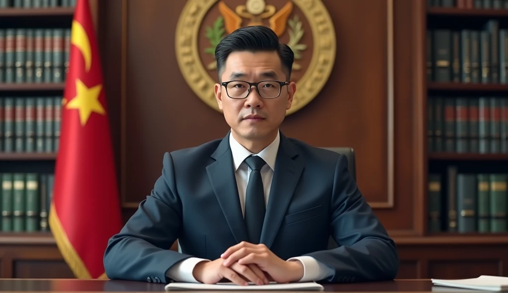 "An official-looking individual dressed in formal attire, sitting at a desk in a government office. The background includes shelves with files, a national emblem on the wall, and an environment reflecting administrative work. The person has a confident pos...